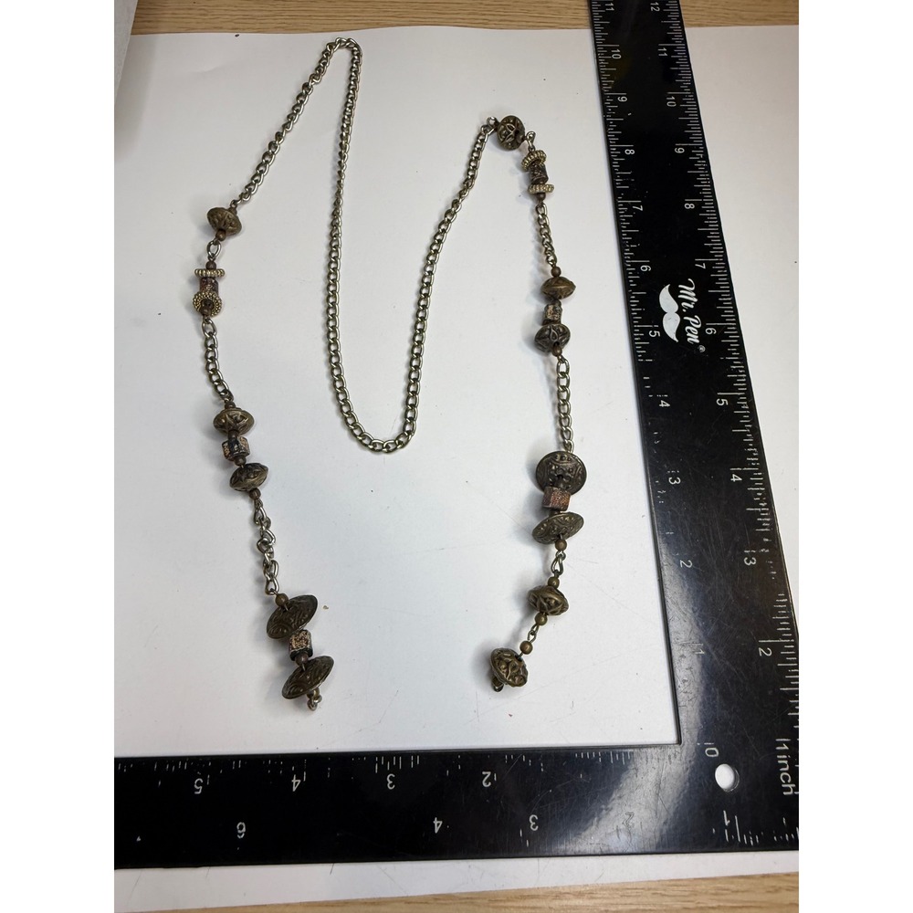 Antique Brass Tone Long Chain Necklace Bohemian Textured Bead Mosaic Accents